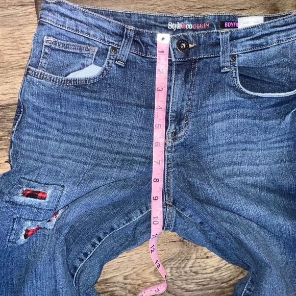 Blue Straight Leg Jeans Mid Rise Red Plaid Patches Women's Size 6 Style & Co - Picture 11 of 12